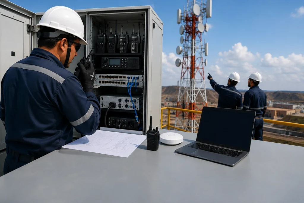 Técnicos implementando un sistema de radiocomunicación
