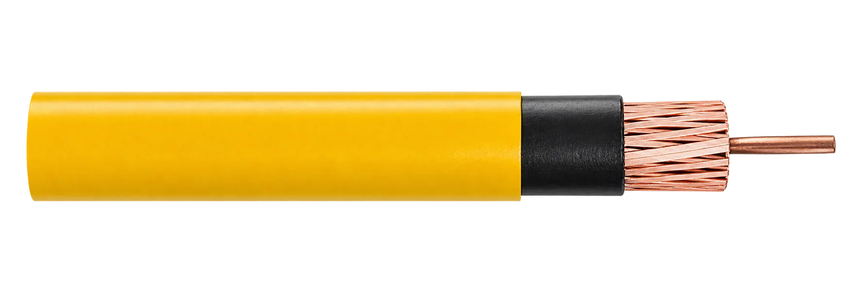 Cable Leaky Feeder LFC350 con cubierta amarilla y capas internas visibles