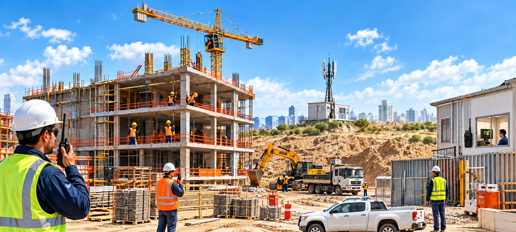 Escena de construccion recreada a partir de la lámina del cliente, con las áreas y equipos de su solución