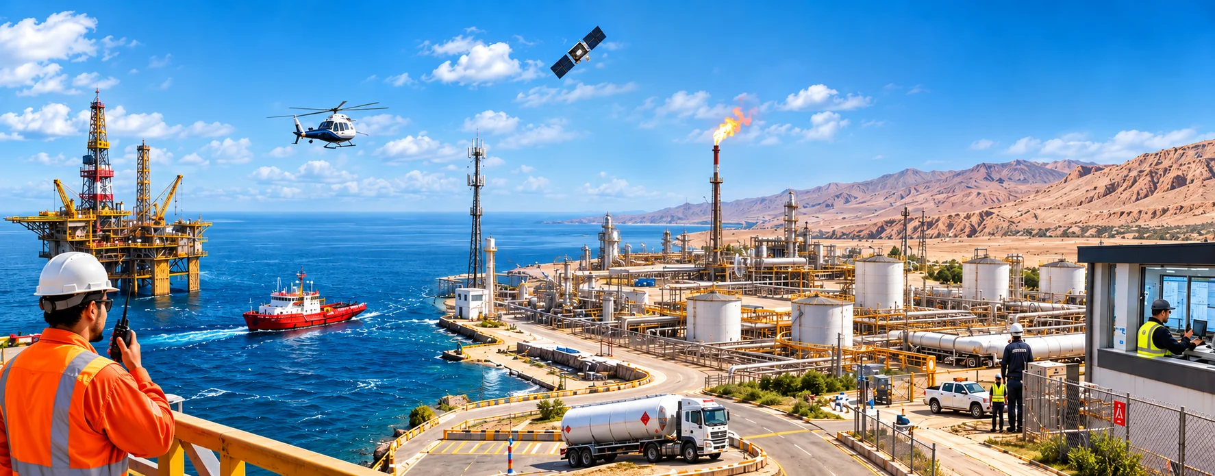 Escena de energia petroleo recreada a partir de la lámina del cliente, con las áreas y equipos de su solución