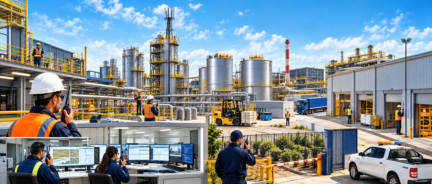 Escena de industria recreada a partir de la lámina del cliente, con las áreas y equipos de su solución