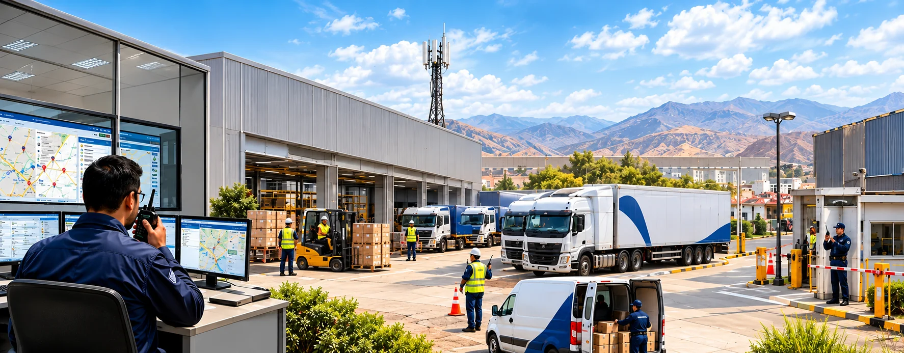 Escena de logistica transporte recreada a partir de la lámina del cliente, con las áreas y equipos de su solución