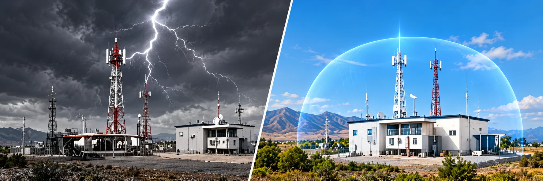Comparación ilustrativa: instalación de telecomunicaciones bajo una tormenta a la izquierda y una instalación con una cúpula simbólica de protección azul a la derecha.