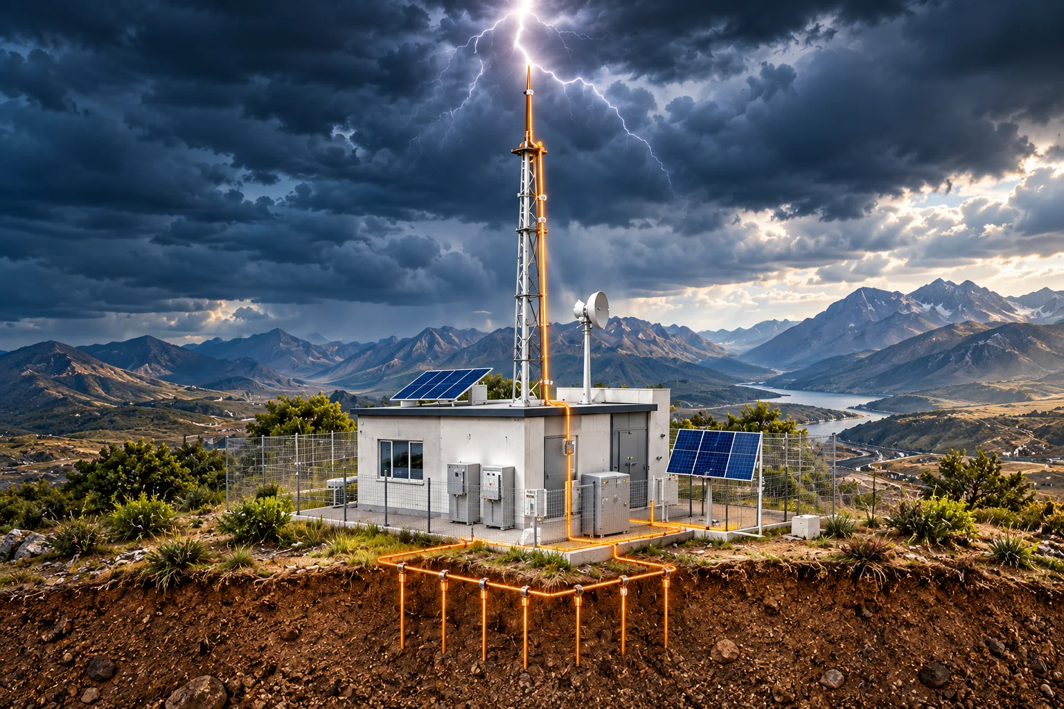 Escena ilustrativa de una estación de telecomunicaciones con pararrayos, conductor de bajada y puesta a tierra visible en corte de terreno.